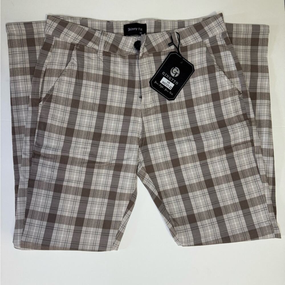 GINGTTO Men's Brown Plaid Skinny Fit Stretch Trousers | Size 32 NWT